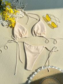 SHEIN Swim Women's Textured Halter Neck Split Bikini Set Summer - Beige - View 4