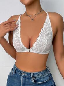 1pc White Lace Halter Bralette Lingerie - White - View 4
