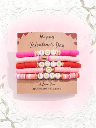 Kawaii 5pcs/Set Cute Sweet Alphabet Beaded Soft Ceramic Bracelet For Women, Ideal For Valentine's Day Gifts (With Bracelet And Card)