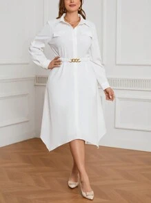 SHEIN Frenchy Plus Size Women's Shirt Style Asymmetrical Hem Summer Dress - White - View 2