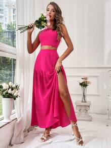 SHEIN VCAY 夏季浪漫情人节女士纯色两件套度假装 - 玫紅色 - 查看 6