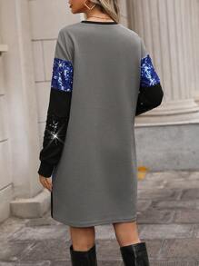 SHEIN LUNE Color Block Glitter Patchwork Long Sleeve Dress - Blue - View 2