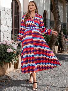 SHEIN Clasi 大尺碼拼色人字骨和花卉印花洋裝 - 彩色 - 查看 4