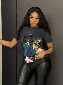 Slaydiva Abstract Printed Tee With Figure Design - Grey - View 1