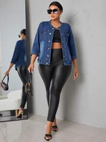 SHEIN SXY Chaquetas De Mezclilla Lavadas De Talla Grande Con Botón Ascendente - Azul lavado medio - Ver 3