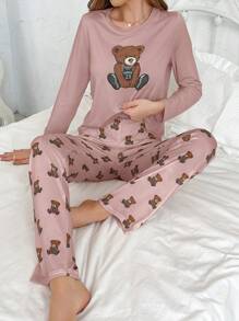 Cartoon Bear Printed Long Sleeve & Pants Pajama Set - Dusty Pink - View 4