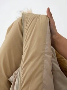 SHEIN 孕妇拉链前毛绒连帽棉服外套，设计迷人，适合冬季 - 卡其色 - 查看 5