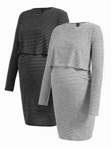 SHEIN Vestido A Rayas Para Lactancia De Manga Larga Para Maternidad - Blanco y Negro - Ver 10