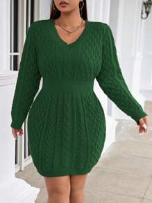 Calvaya Plus Size V-Neck Long Sleeve Cable Knit Sweater Dress (Belt Not Included) - Dark Green - View 5