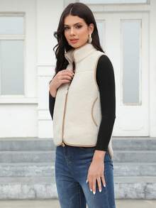 RELISH NOLESS Women's Color-Block Contrast Trim Zipper Front Vest Jacket - Beige - View 5