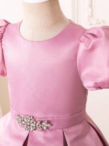 SHEIN Robe De Fille Satinée À Manches Courtes Et Bouffantes Avec Un Col Rond Pour La Saison Des Mariages - Vieux Rose - Voir 3