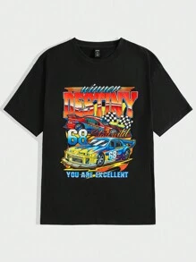 Manfinity RebelGame 男士鬆身圓領t恤,帶有汽車和字母印花 - 黑色 - 查看 1