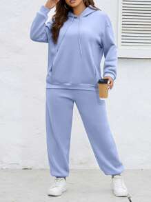 SHEIN Essnce Plus Áo hoodie dây rút trễ vai & quần thể thao - Màu xanh nhạt - Xem 5