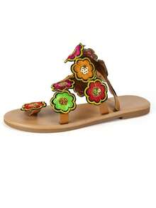 2024年夏季新款海灘花卉波西米亞風格腳趾環平底涼鞋,女性大尺碼 - 彩色 - 查看 5