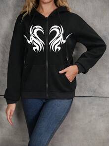 SHEIN EZwear 女士心形印花拉鍊連帽運動衣帶拉鍊 - 黑色 - 查看 7