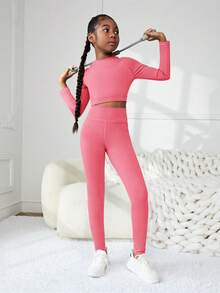 SHEIN Tween女孩中空後背圓領拉格蘭袖t恤和長褲運動套裝 - 玫紅色 - 查看 5