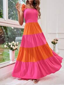 SHEIN VCAY Women's Color-Block Spaghetti Strap Shirred Dress For Summer Holiday And Date Night - Pink - View 3