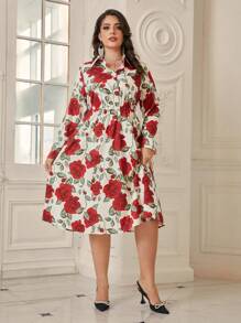 SHEIN Clasi Plus Size Floral Printed Long Sleeve Shirt Dress - Red and White - View 4