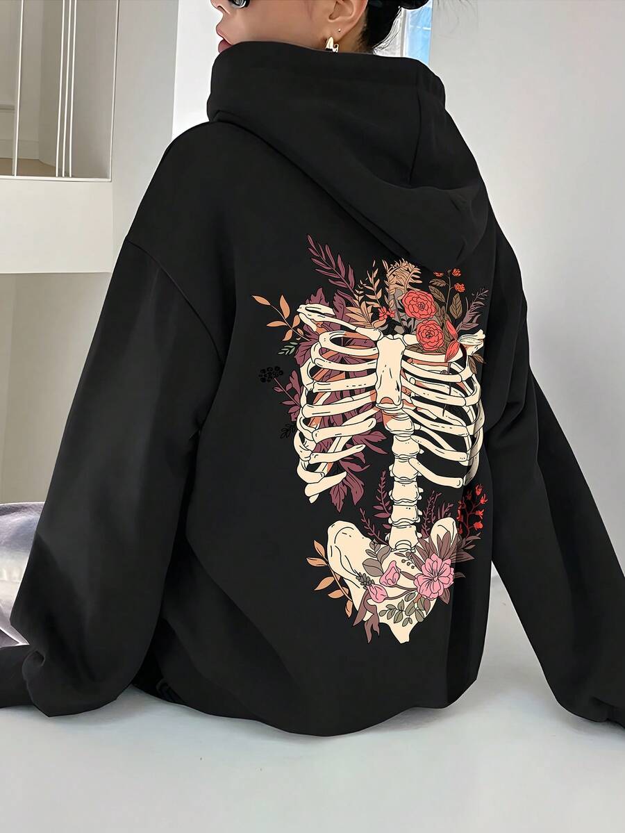 SHEIN EZwear 女款骷髏圖案束口帽衫 - 黑色 - 查看 1