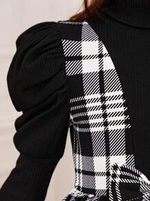 SHEIN Tween Girls' Knit Solid Color High Neck Leg-Of-Mutton Sleeve Sweater With Plaid 2 In 1 Dress - Black and White - View 4