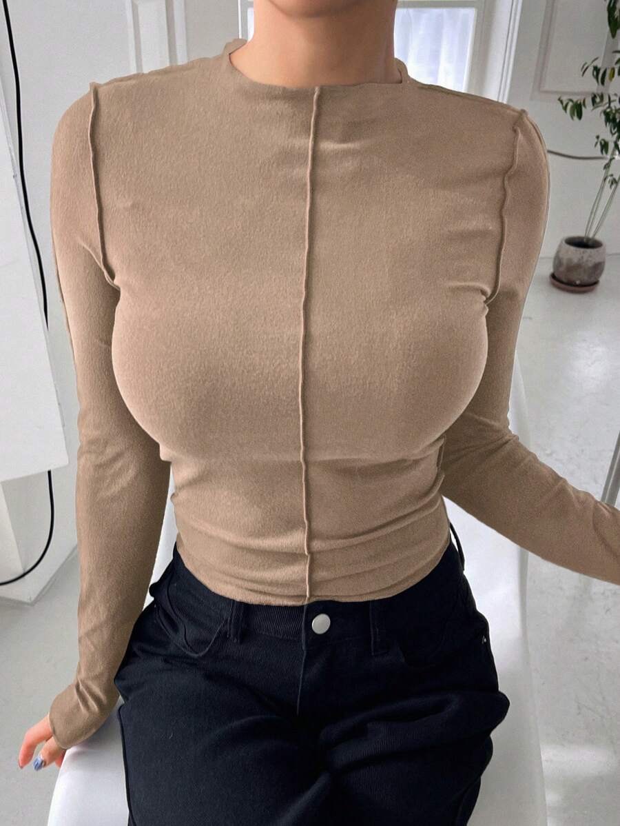 DAZY Long Sleeve Half Turtleneck Solid Color Thermal T-Shirt,Fall Clothes - Khaki - View 1