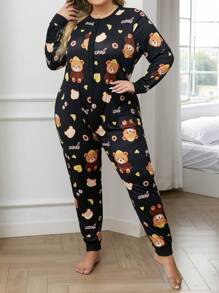 Plus Size Women's Cartoon Bear Printed Pajamas Jumpsuit - Black - View 3