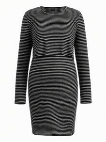 SHEIN Vestido A Rayas Para Lactancia De Manga Larga Para Maternidad - Blanco y Negro - Ver 14