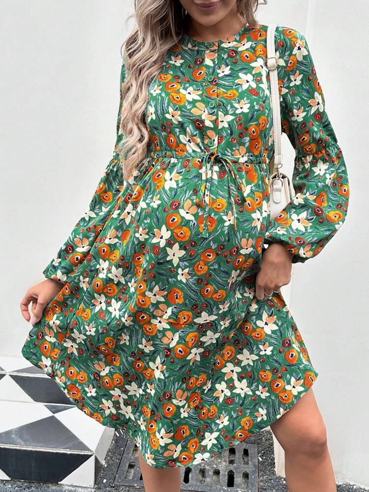 Maternity Allover Printed Lantern Sleeve Dress