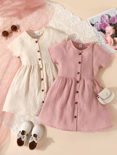 SHEIN Vintaside Kids Young Girl Multi-Pack Casual Solid Color Round Neck Raglan Sleeve Pleated Blouse Dress, Suitable For Outings Summer