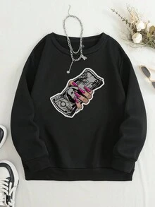 SHEIN EZwear Patterned Printed Warm Lined Crewneck Sweatshirt - Black - View 7