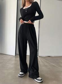 DAZY 2pcs/Set Color Block Tight-Fitting T-Shirt And Loose Long Pants Set - Black and White - View 7