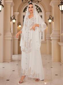 Women's Long Sleeve Elegant Sparkly Dress With Matching Headscarf Modest Kaftan Arabian Dress - White - View 7