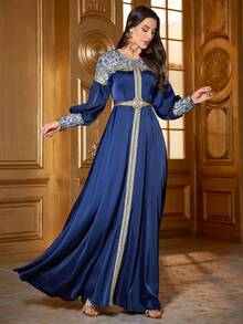 Women's Elegant Patchwork Embroidery Long Sleeve Dress, Modest - Blue - View 3