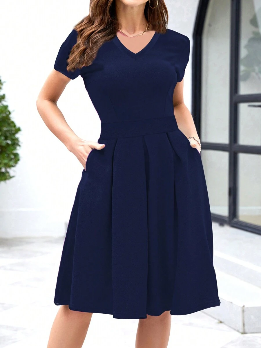 Women's V Neck Cocktail Party Vintage Retro Swing Dress With Pockets - 藏蓝色 - 查看 1