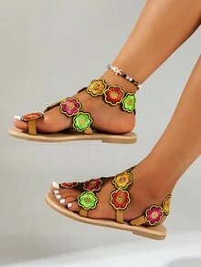 2024年夏季新款海灘花卉波西米亞風格腳趾環平底涼鞋,女性大尺碼 - 彩色 - 查看 3
