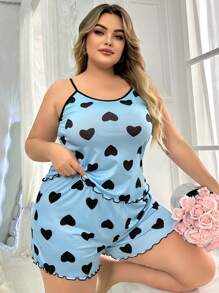Plus Size Women's Heart Print Pajama Set - Blue - View 4