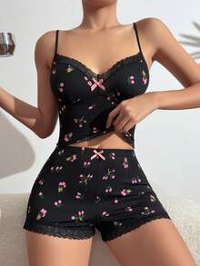 Của phụ nữ Ren Vá lại Áo Cami & Quần short Nội y sexy Bộ - màu đen - Xem 6