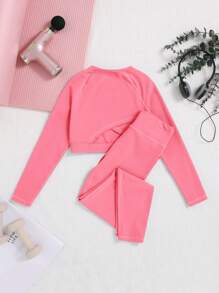 SHEIN Tween女孩中空後背圓領拉格蘭袖t恤和長褲運動套裝 - 玫紅色 - 查看 1