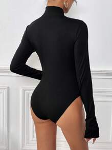 SHEIN Essnce Women'S Half-Zip Ribbed Bodysuit With Zipper - Black - View 2