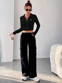 SHEIN EZwear 女士針織長袖t恤,附有字母補丁 - 黑色 - 查看 6