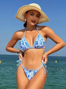 Swim Vcay Summer Beach Flower Print Two-Piece Bikini Set Carnival - Blue and White - View 6