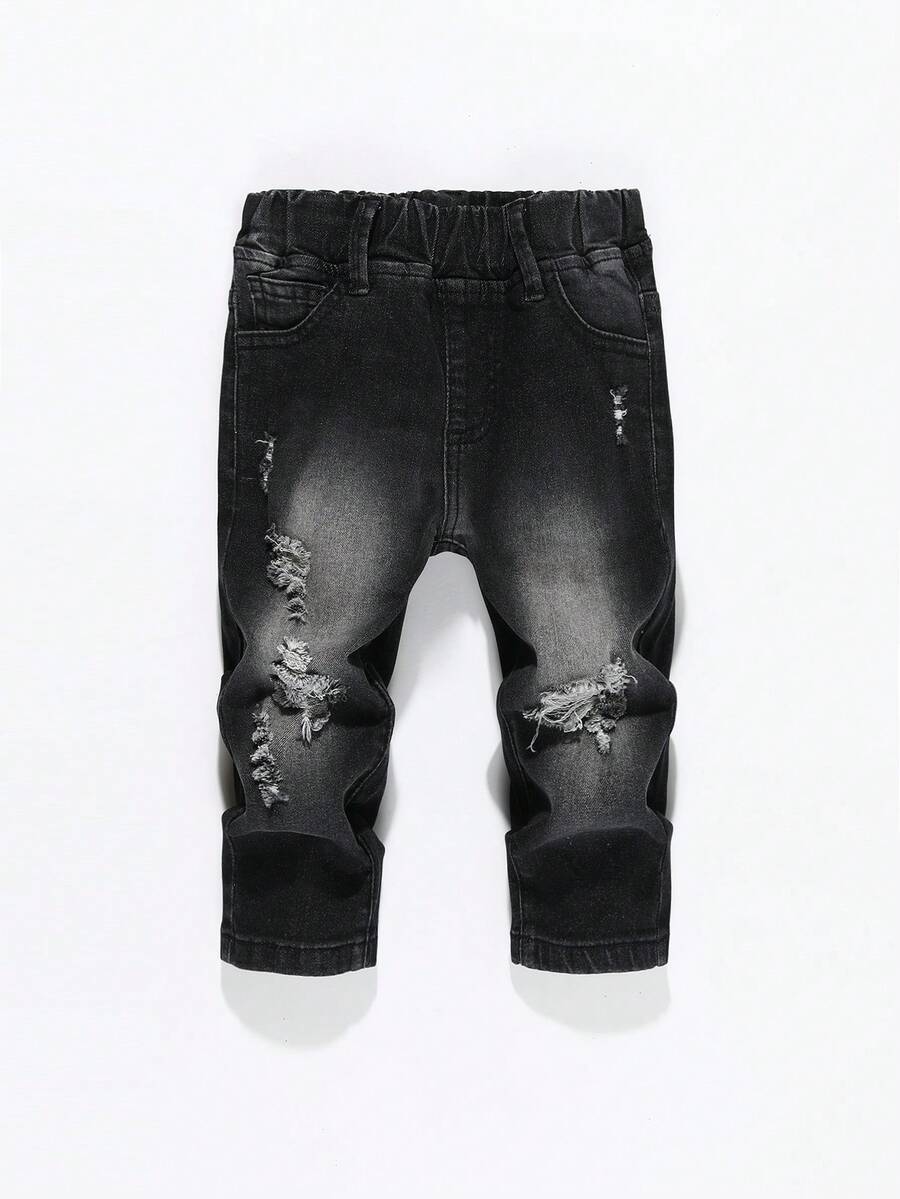 嬰兒男童彈性腰部洗水磨損牛仔褲 - 黑色 - 查看 1