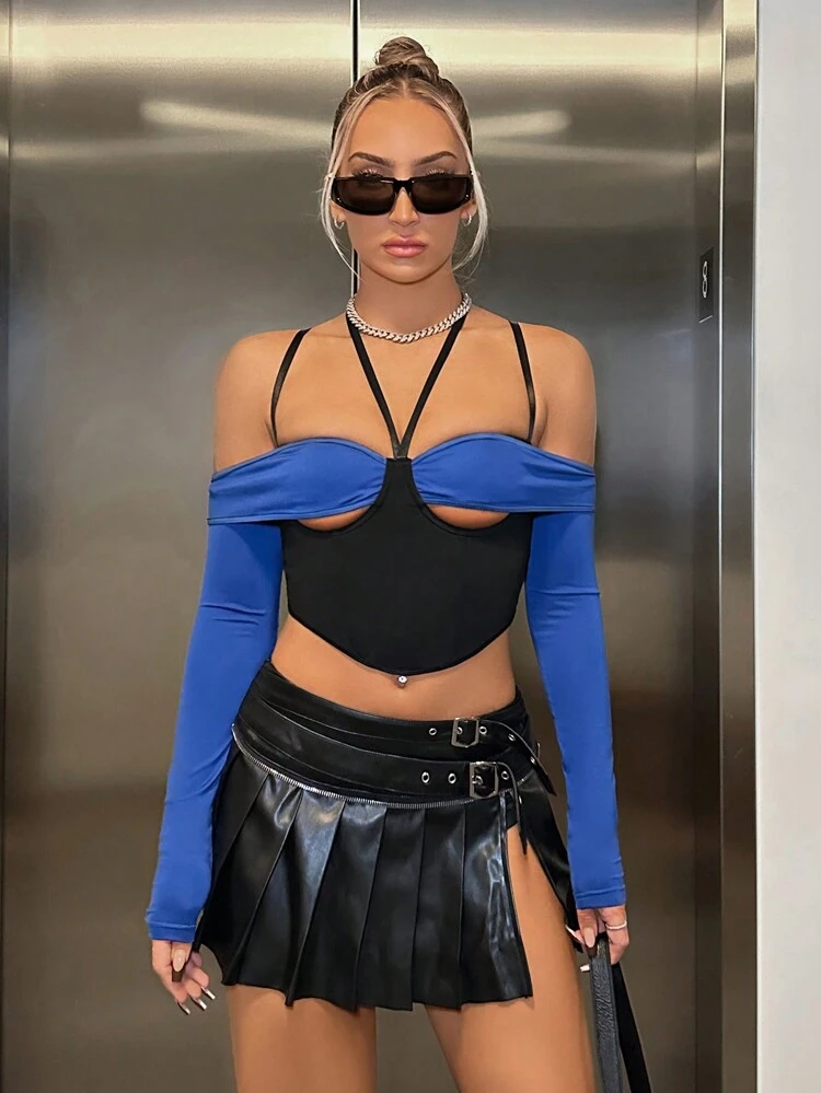 Women'S Asymmetrical Hem Contrast Color Patchwork Top