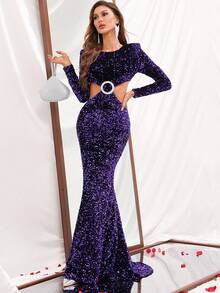 Rhinestone O-Ring Detail Sequin Dress - Purple - View 4