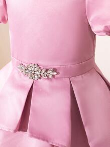 SHEIN Robe De Fille Satinée À Manches Courtes Et Bouffantes Avec Un Col Rond Pour La Saison Des Mariages - Vieux Rose - Voir 6