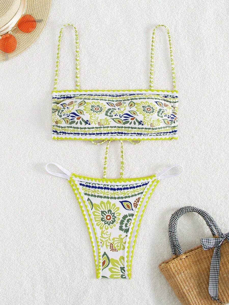 SHEIN Swim 花卉印花两件套比基尼套装狂欢夏日海滩 - 彩色 - 查看 1