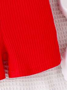 SHEIN Young Girl Denim Vest Jacket With Single Breasted Closure And Overall Shorts Set - Red - View 3