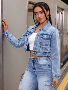 SHEIN ICON Chaqueta Corta De Mezclilla Lavada Con Agua - Azul lavado medio - Ver 3