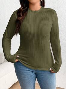 SHEIN Frenchy 大尺碼純色麻花針織t卹 - 軍綠色 - 查看 3