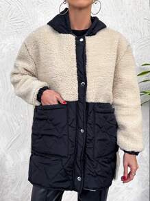 EURMUSE Two Tone Dual Pocket Drop Shoulder Hooded Winter Coat - Beige - View 5